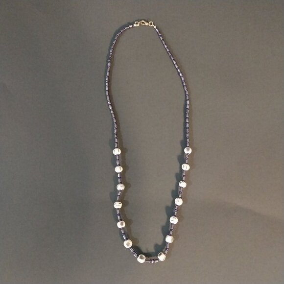 Handmade Jewelry - Hematite Beaded Necklace With White Carved Beads & Purple Accents
